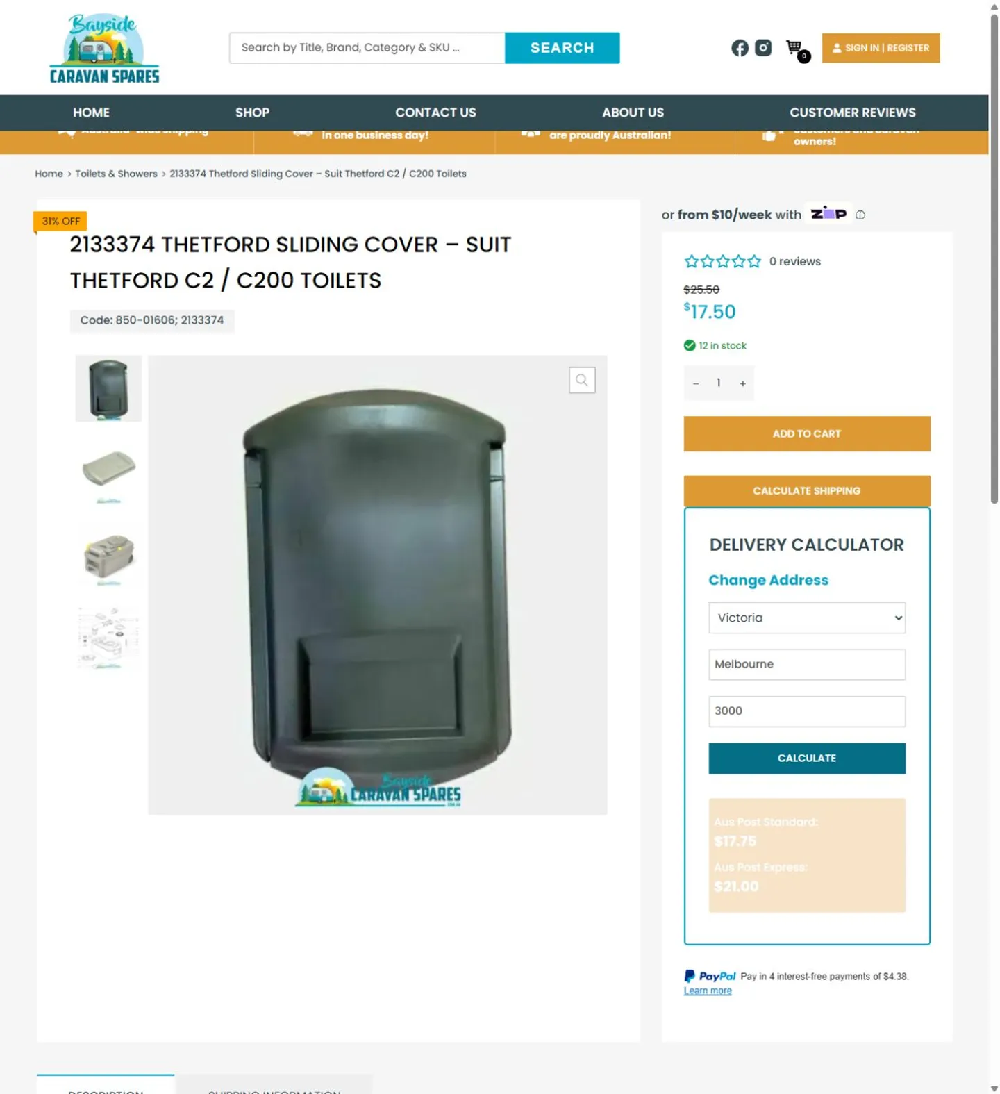 Bayside product page with the delivery calculator showing standard and express estimates for Melbourne 3000