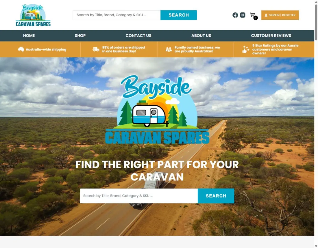 Bayside Caravan Spares homepage showing its parts search and caravan imagery