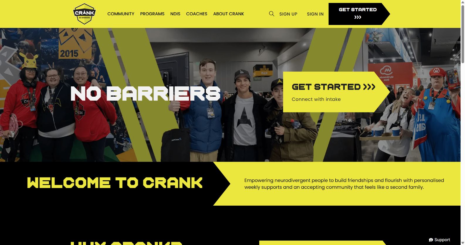 CRANK homepage with its yellow and black identity, community photographs and intake link