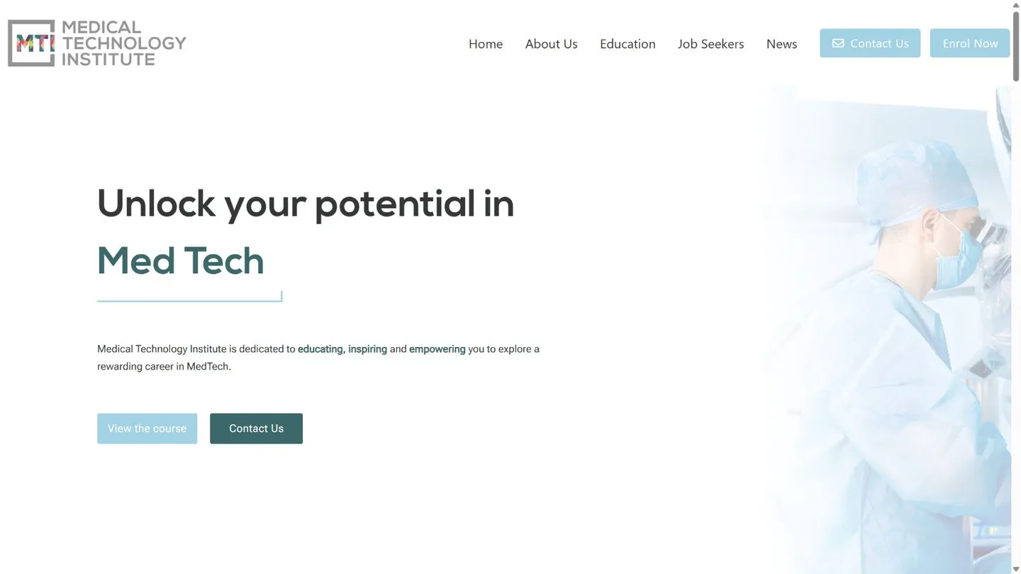 Medical Tech homepage showing its education offering