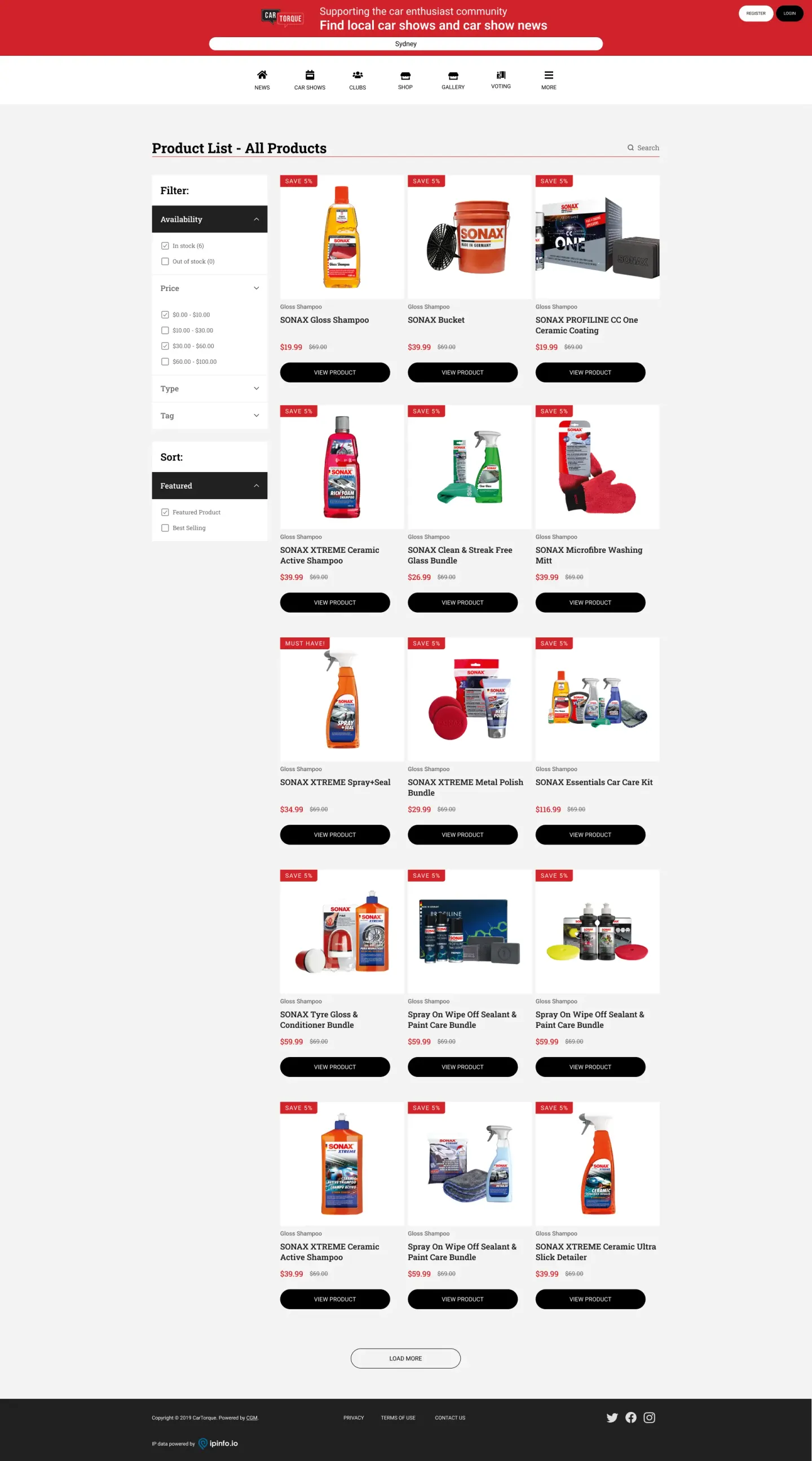 Historical CarTorque shop design with automotive product listings