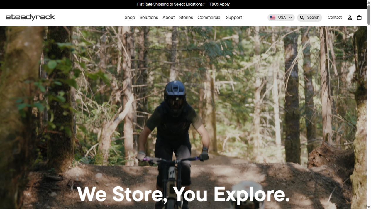 Steadyrack storefront with cycling imagery and bike storage links
