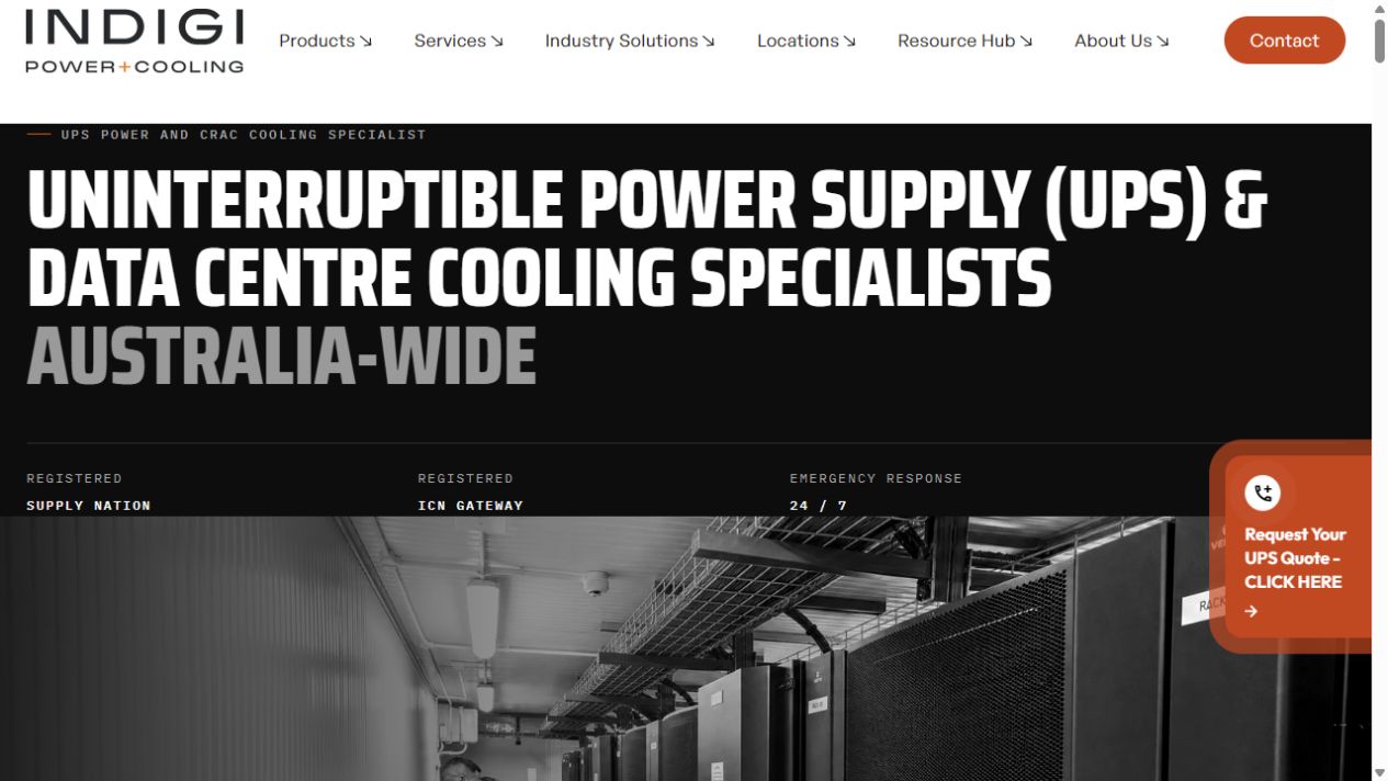 Indigi Power and Cooling website introducing its UPS and data centre cooling services