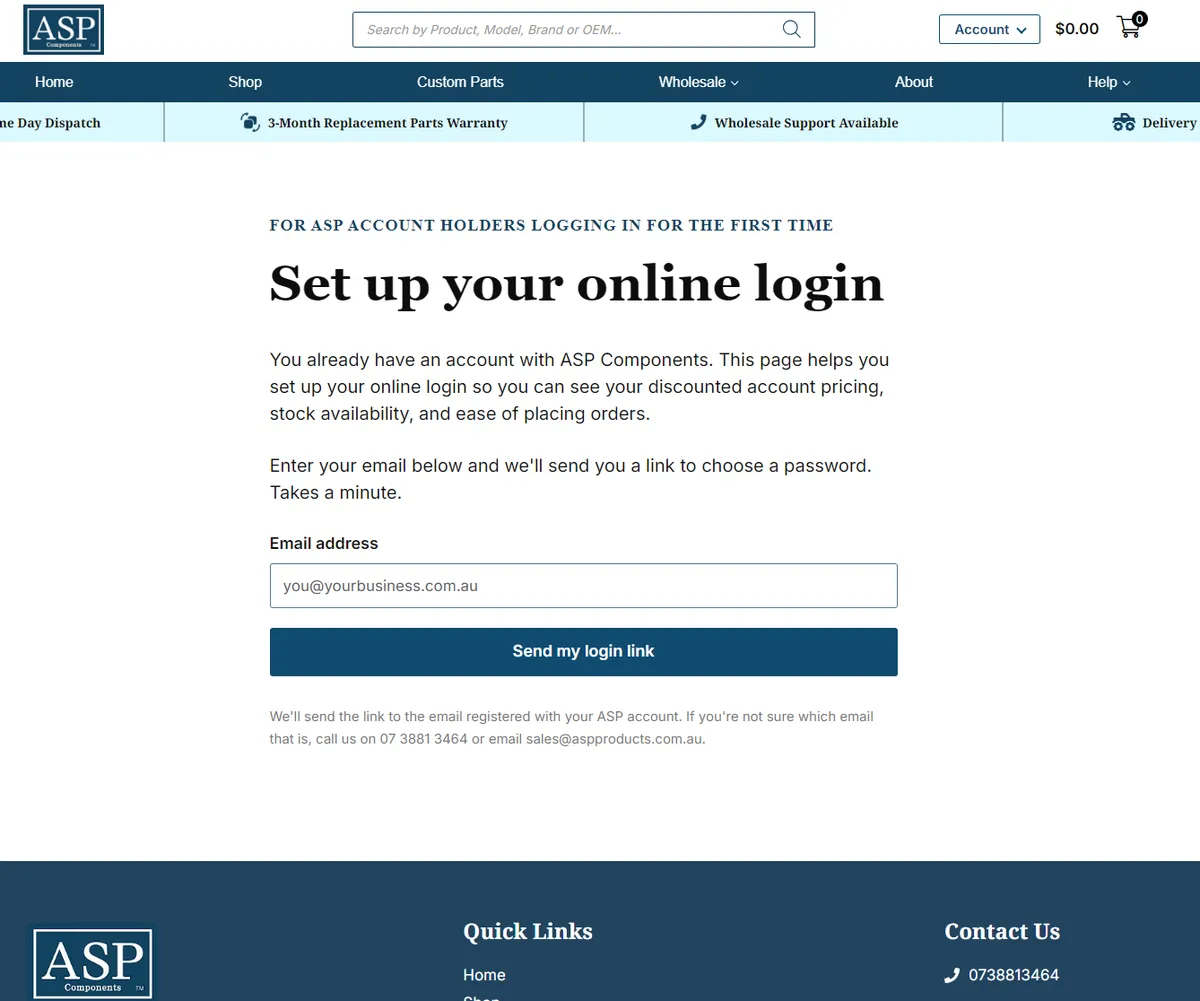 The Set up your online login page we built for ASP Components account holders