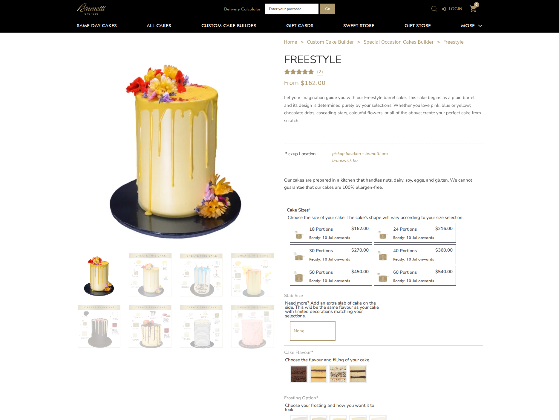 Brunetti Oro product page showing cake add-ons and delivery options
