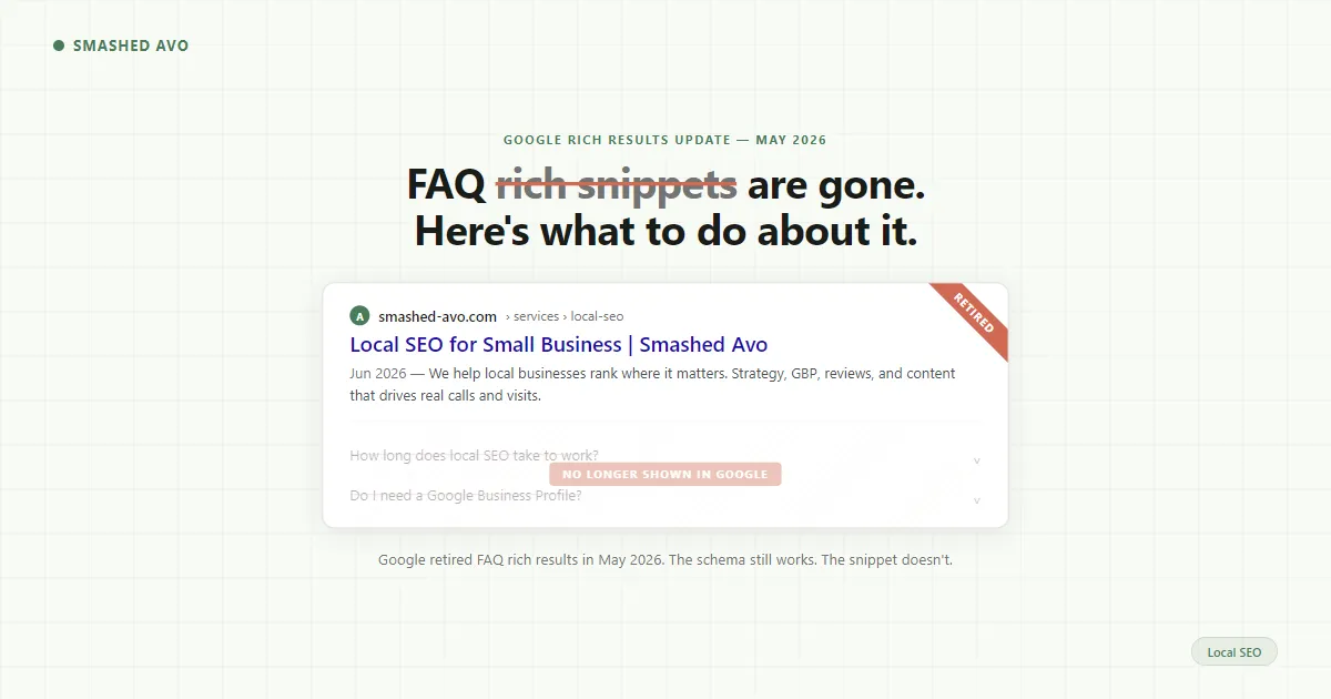 A Google search result card with the FAQ accordion greyed out and struck through, showing the deprecated feature