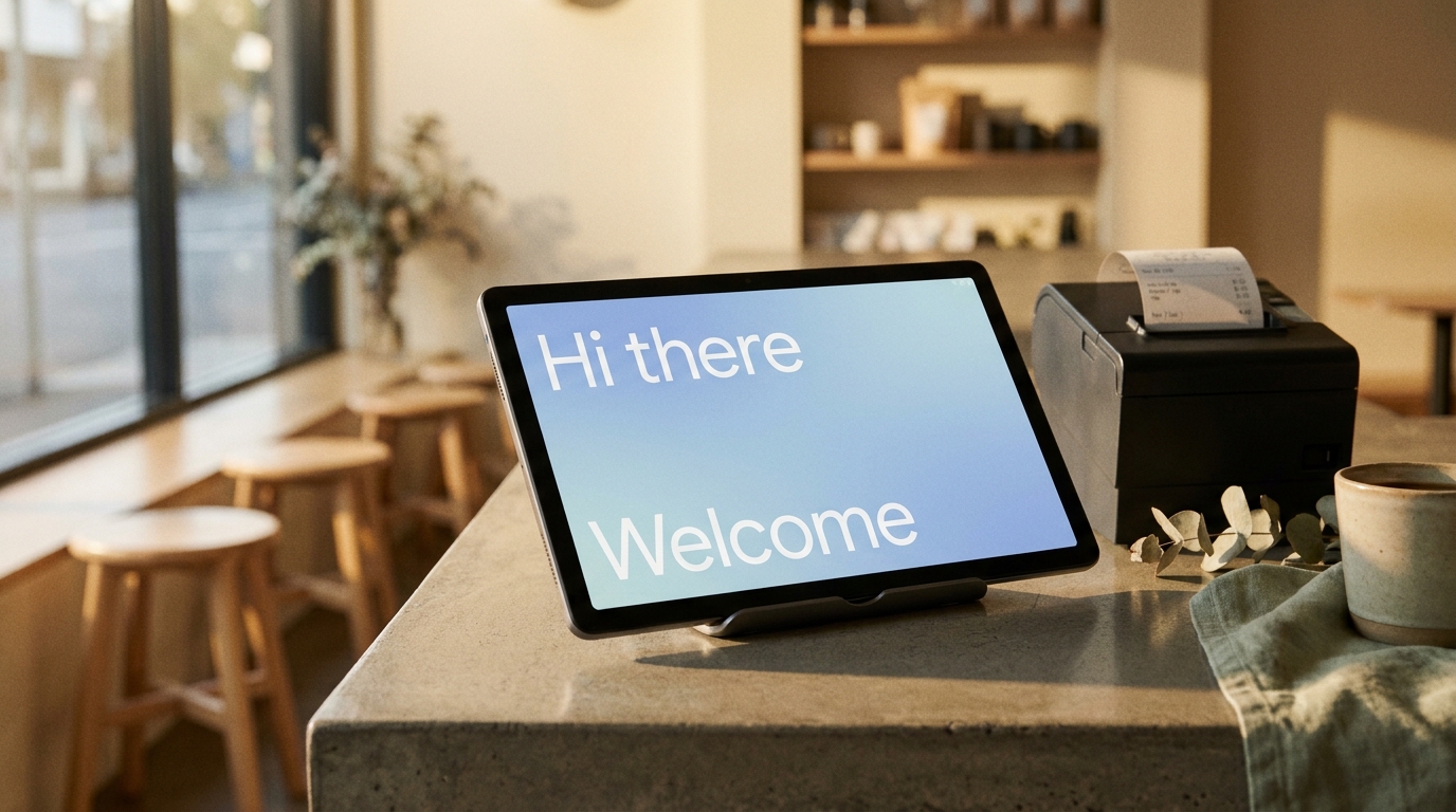 An UberEats merchant tablet sitting on a cafe counter showing a factory reset screen
