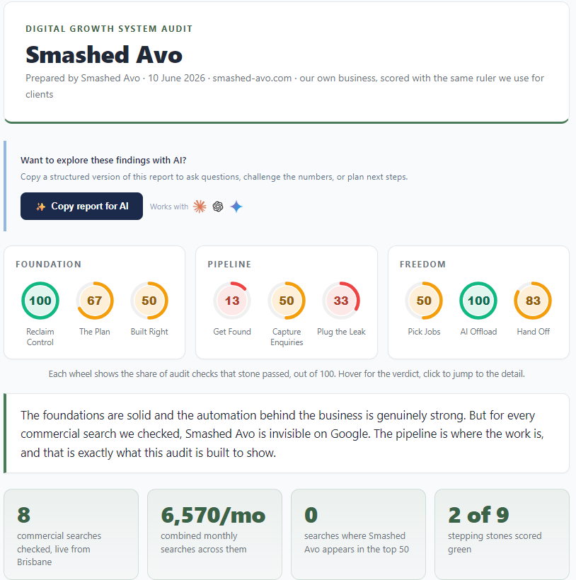 Smashed Avo's own audit report showing nine scored gauges: 2 green, 5 amber, 2 red