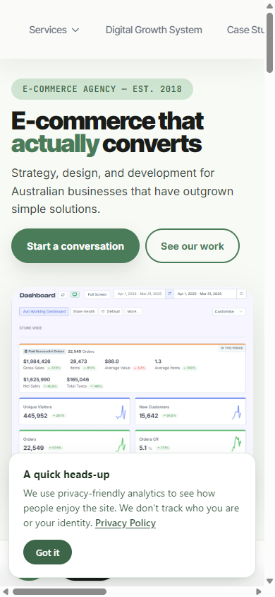 Our homepage on a 390 pixel wide phone screen: the desktop menu overlapping the page and content pushed off the edge.