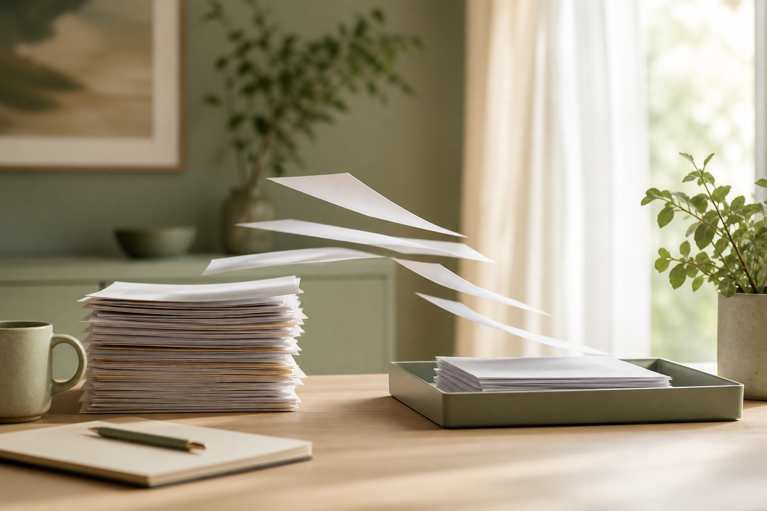 A desk where a stack of paperwork thins out, the proposal bottleneck clearing.