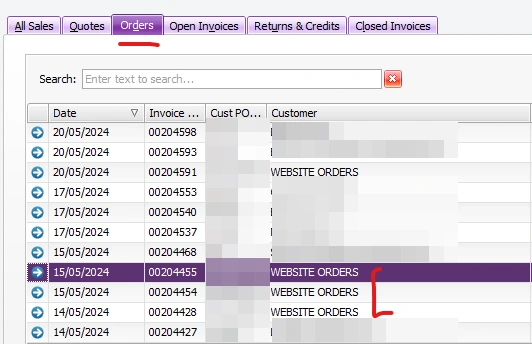 The MYOB AccountRight orders register at TRA Australia, with four website orders sitting under the WEBSITE ORDERS customer card among the trade accounts, whose names are blurred.