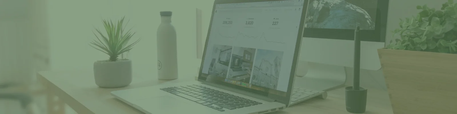 Open laptop displaying graphs on a desk with a plant, water bottle, and pen holder, all against the backdrop of a Melbourne Web Design office setup.