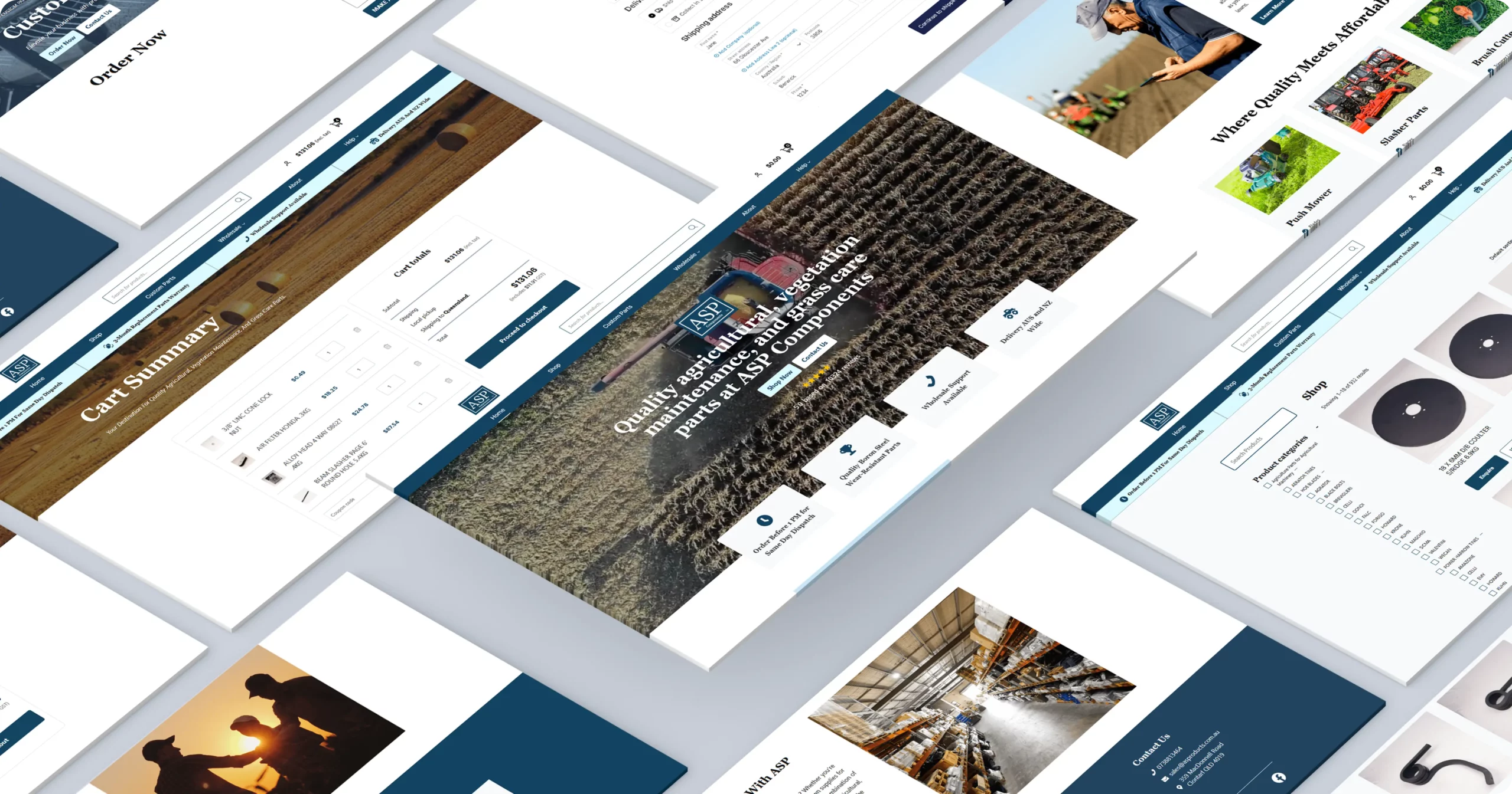 A collection of website pages displayed at various angles, showcasing different sections and layouts with blue and white color schemes and agricultural imagery.