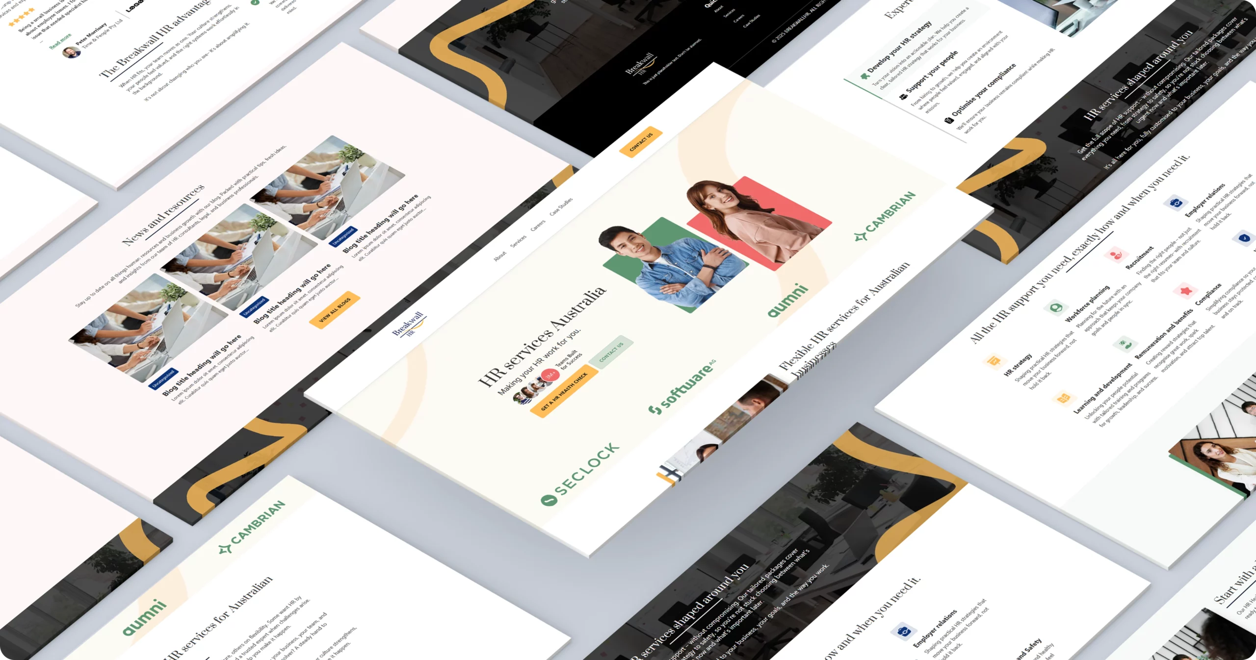 Multiple website pages are displayed in an angled, overlapping layout showcasing various business-related web designs, logos, and images of professionals.