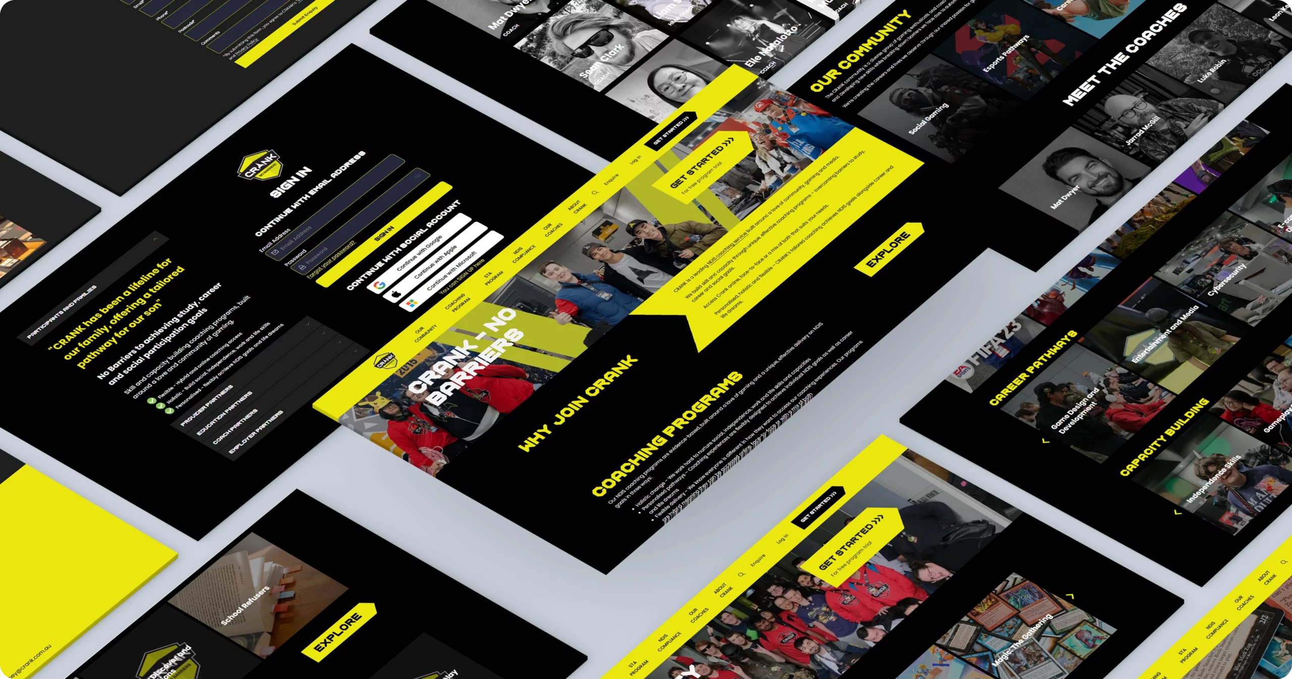 A variety of black, white, and yellow web pages are displayed at angles, showing forms, images of people, and sections labeled Coaching Programs and Meet the Coaches.