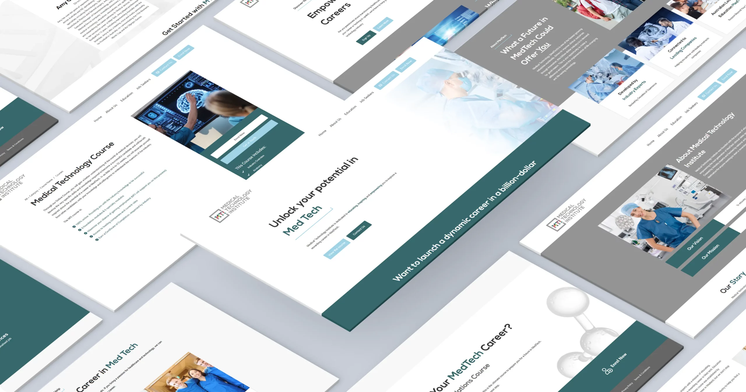 Several website pages with a medical technology theme are displayed at an angle, featuring photos of healthcare professionals and clean, modern layouts with teal and white colors.