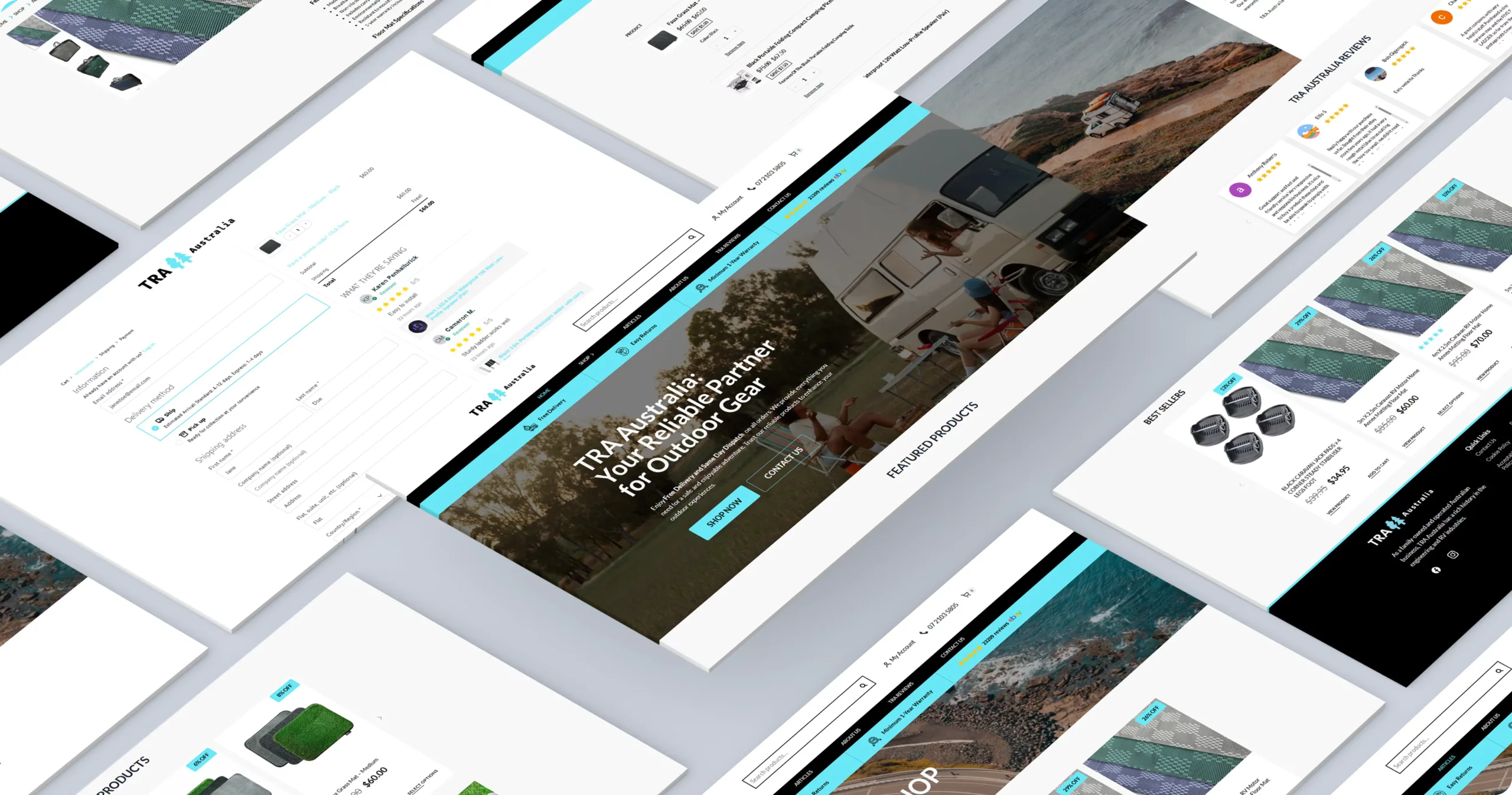 A mockup shows multiple webpages of an outdoor gear e-commerce site, featuring product listings, a homepage, a product detail page, and a checkout form.