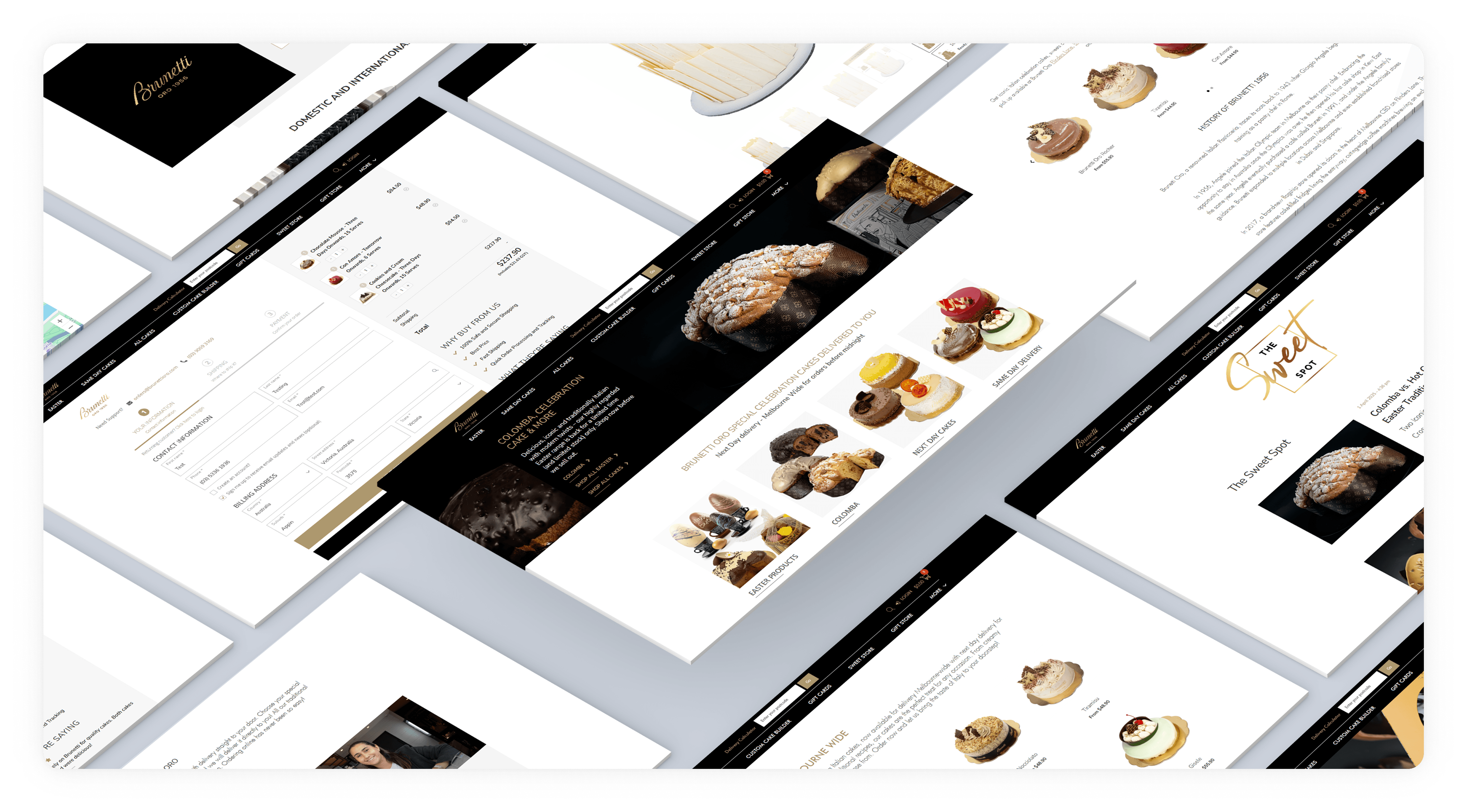 A collage of bakery website pages displayed at an angle, showcasing menus, desserts, and breads on clean, white backgrounds.