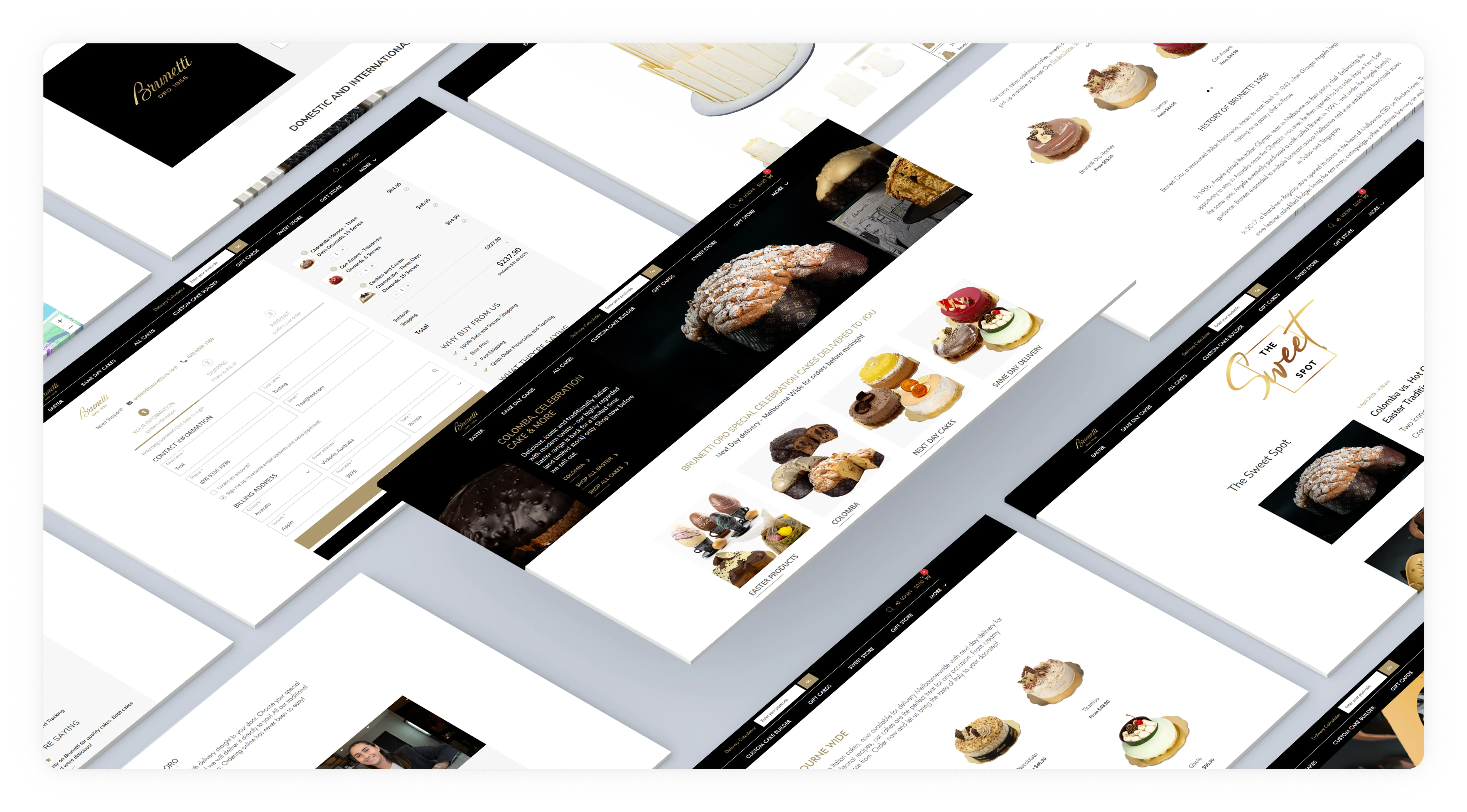 A collage of bakery website pages displayed at an angle, showcasing menus, desserts, and breads on clean, white backgrounds.