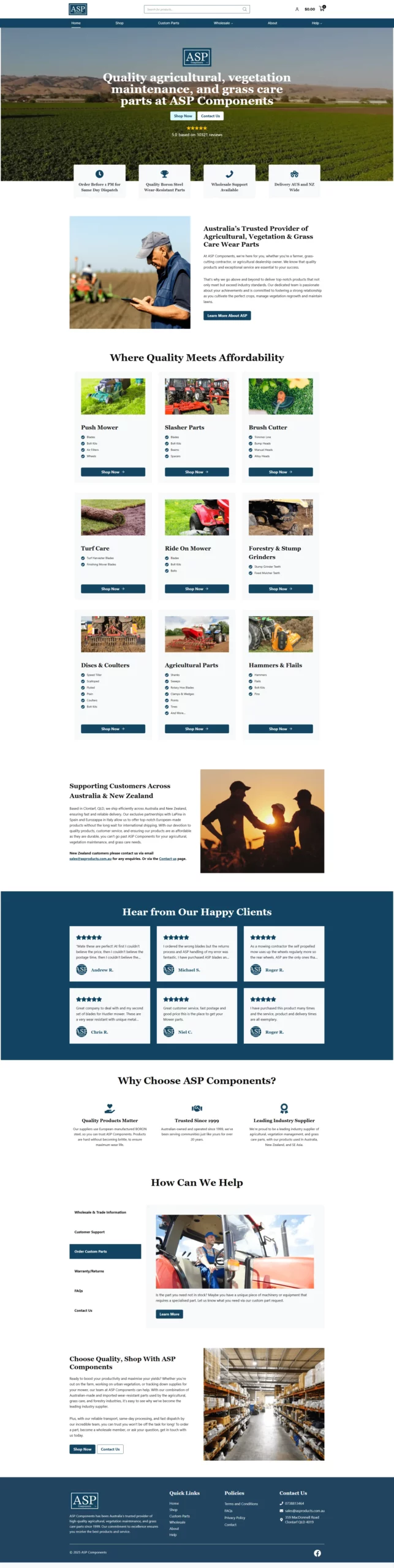 Screenshot of a website homepage for ABI Compounding, featuring sections on products, client testimonials, service benefits, company information, and contact details.