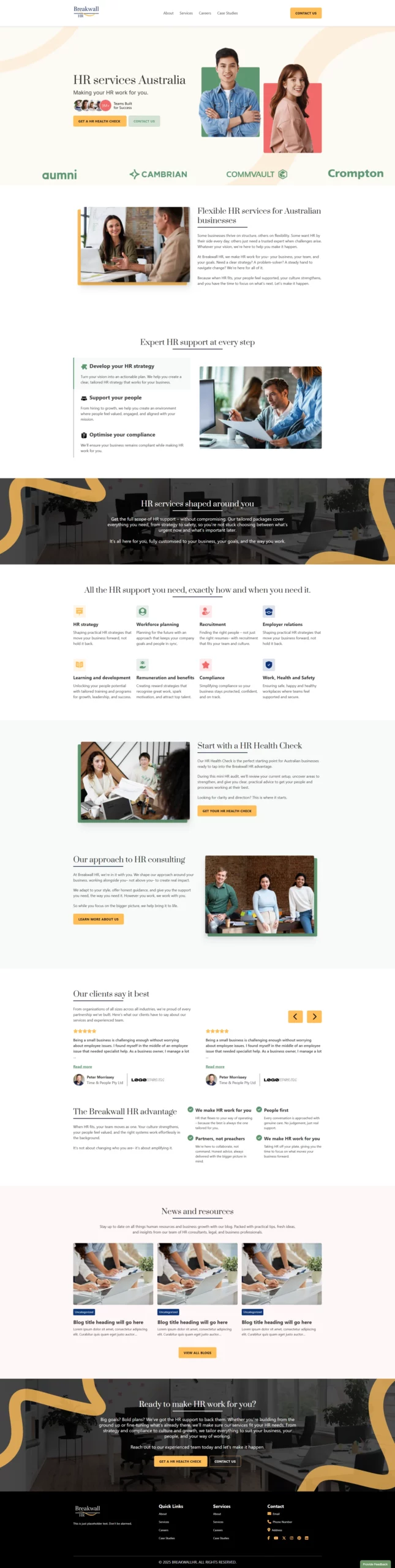 Screenshot of an HR services website featuring sections on expert HR support, client testimonials, HR consulting packages, pricing details, and contact information.