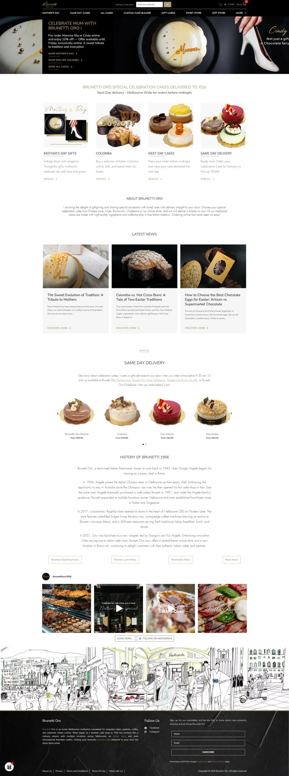 Screenshot of a website for L’Epicerie, featuring sections on Mothers Day gifts, eclairs, same-day delivery, news updates, featured desserts, company history, and contact information.