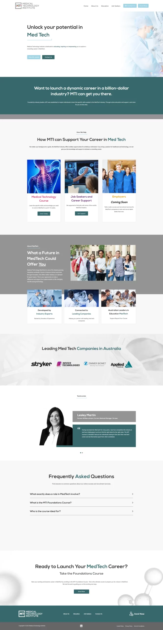 Screenshot of a website homepage for MedTech Industry, featuring information on career opportunities, course options, industry partners, testimonials, and a frequently asked questions section.