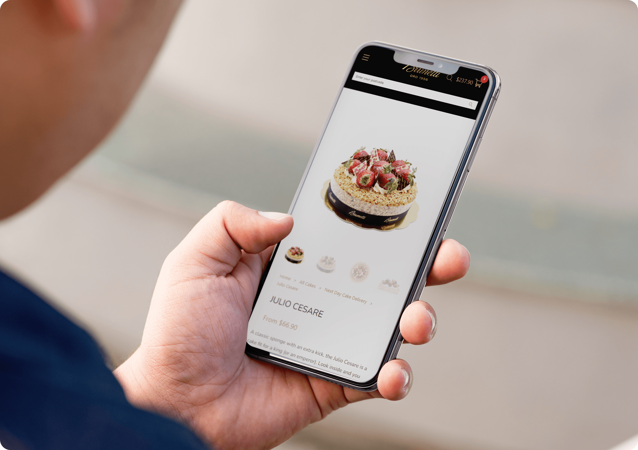 Person holding a smartphone browsing a website displaying a dessert called Julio Cesare with images and pricing details.