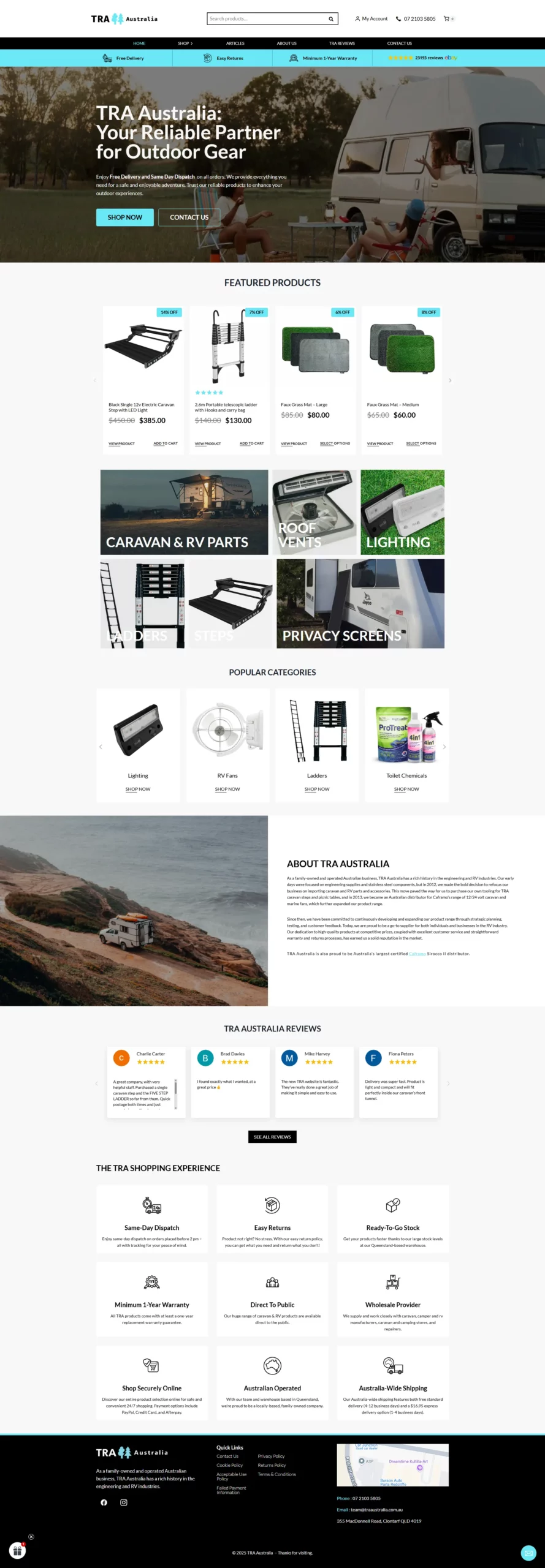 Screenshot of TRA Australia’s homepage displaying a header, navigation menu, featured outdoor gear products, popular categories, company information, customer reviews, and a footer.
