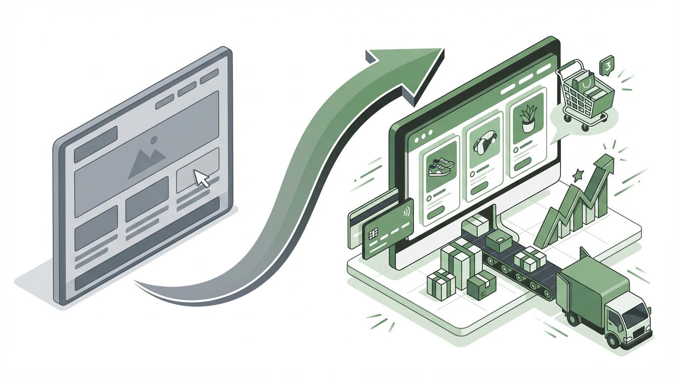 Ecommerce Agency Melbourne 23 Smashed Avo Illustration showing the transformation from a static website brochure to a dynamic ecommerce revenue engine