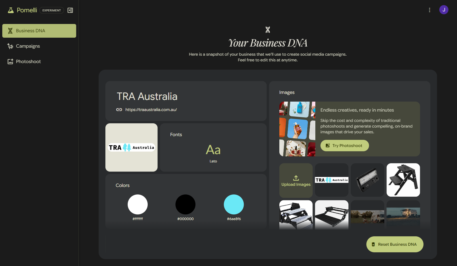Free Ai Product Photos And Social Posts. We Tested It. 4 Smashed Avo Pomelli extracted TRA Australia brand profile showing logo, colours, fonts, and brand values