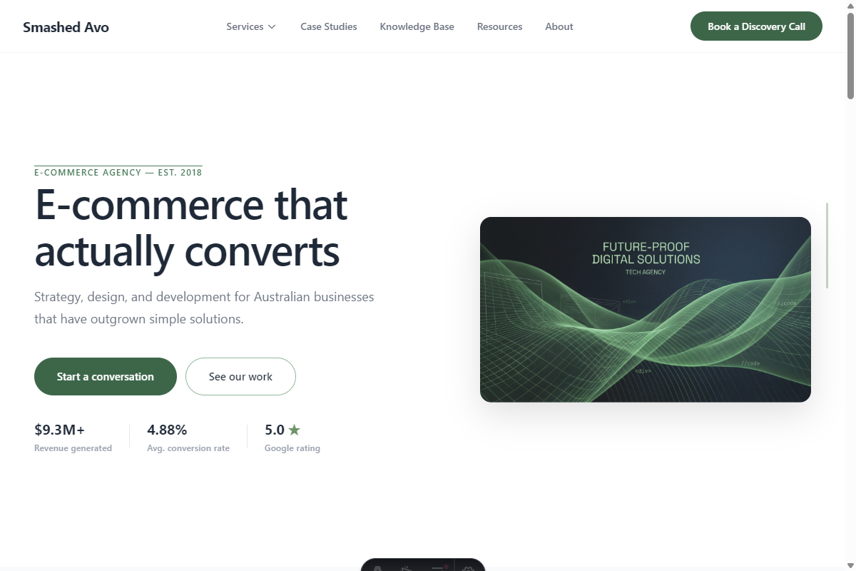 Smashed Avo homepage hero section showing E-commerce that actually converts headline