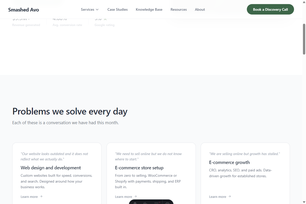 Smashed Avo services bento grid showing Problems we solve every day section
