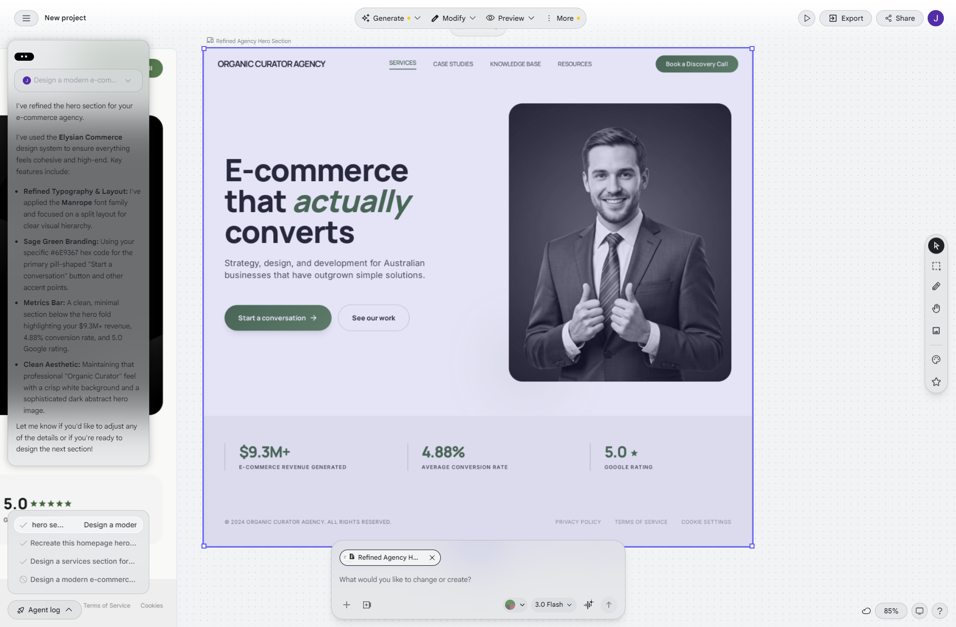 Google Stitch result from text prompt for hero section