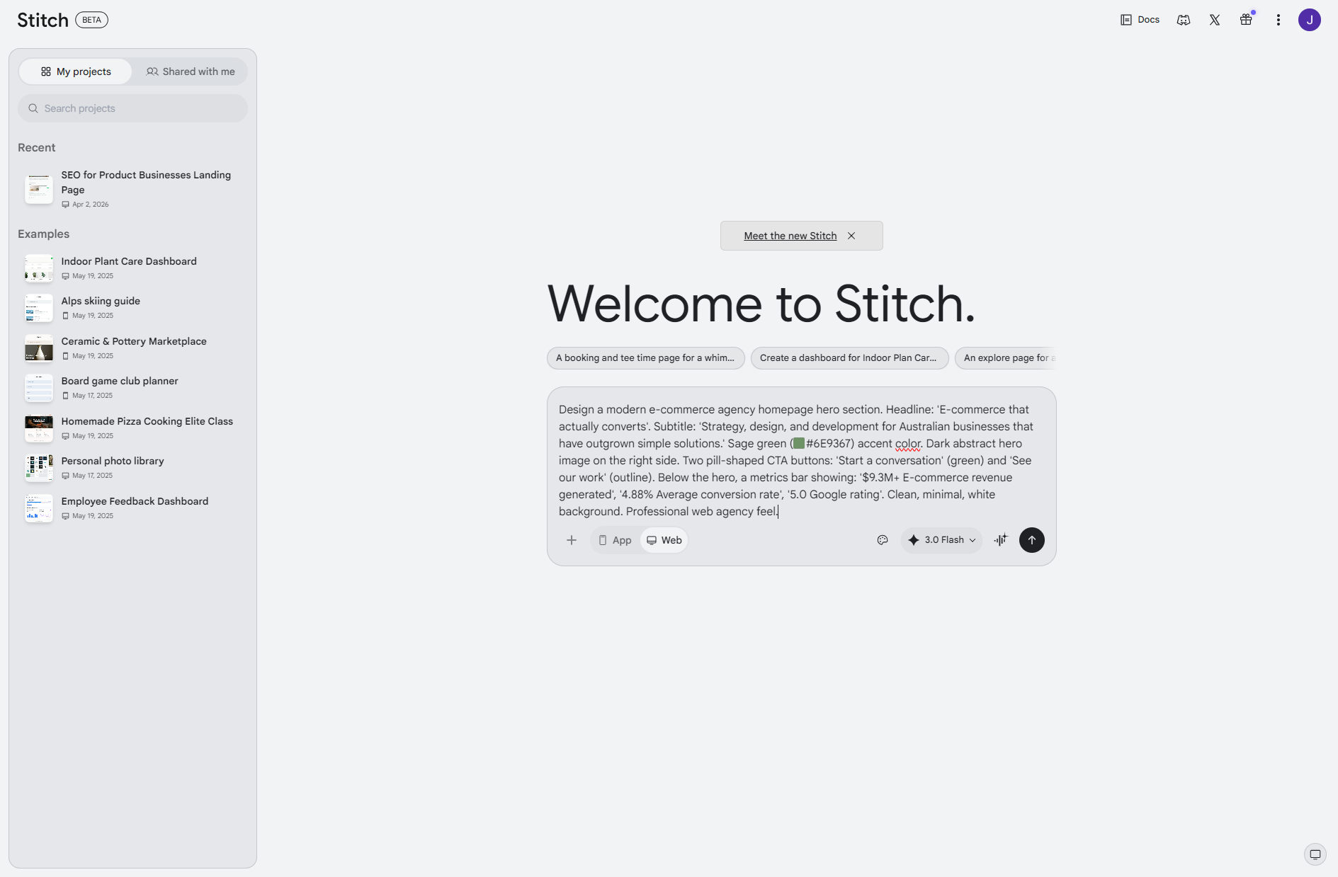 Text prompt entered in Google Stitch for hero section test