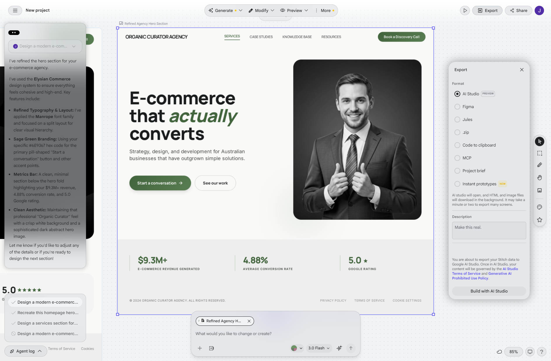 Google Stitch export options panel showing HTML, Figma, and other formats